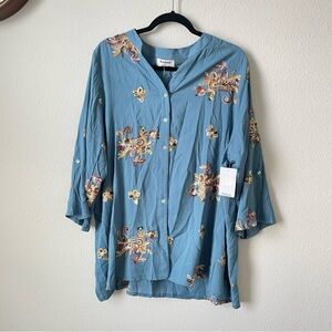 Kindred Anthropologie Peasant Top Blouse Shirt Embroidered Floral Size 2X Rayon
